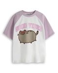 Pusheen Girls Raglan T-Shirt | Kids Good Vibes Two Tone Short Sleeve Graphic Tee | Internet Cat Kitten Cool College Style Apparel Top | Cute Cartoon Merchandise Gift for Teens White