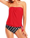 Holipick Two Piece Strapless Tankini Swimsuits for Women Bandeau Swimsuits Blouson Tankini Tops with Bikini Bottoms Teen Girl, Polka Dot, Small