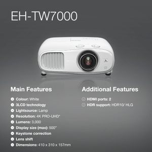 Epson EH-TW7000 4K PRO-UHD Home Cinema Projector, 3000 Lumens, 500" Display – White