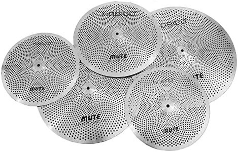 Low Volume Cymbal Pack Mute Cymbal Set 14'Hihats+16"Crash+18'Crash+20"Ride 5 Pieces Silver Drummer Practice Quiet Cymbal for Drum Set