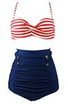 COCOSHIP Retro Polka Dot Twisted Front High Waisted Bikini Set Tie Belt Vintage Ruched Swimsuit(FBA) - - Large