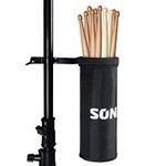 SONICAKE Drumstick Holder, Adjustable Nylon Drum Sticks Bag, Drumstick or Brushes Mallets Container Bag, Clamp-On Lockable Aluminium Alloy Drumstick Holder for Drum Set, Up to 5 Pairs of Sticks