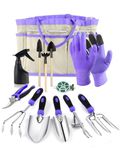 MOXTOYU Garden Tool Set with Holders, 13PCS Stainless Steel Garden Tool Set, Hands Tool Set With Heavy Duty Tool Bag, Garden Tool Set with Different Accessories, Gardening Gift for Women Men (Purple)