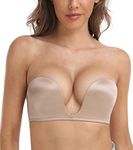 DotVol Women's Deep U Plunge Padded Strapless Bra Wireless Low Cut Push Up Convertible Multiway Bras(Beige,36A)