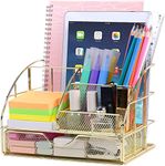 Kiwilon Golden 6 Slot Desk Organizer For Office Table with Drawer, File Holder and 4 Upright Sections for Pen, Marker, Paper etc Metal Mesh Stationary Organiser