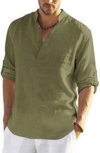 COOFANDY Men's Cotton Linen Henley T-Shirts Long Sleeve Hippie Casual Beach T-Shirts Army Green