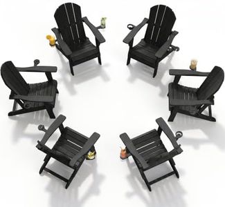 PLUUV Folding Adirondack Chair Set of 6, Easy Storage Space Saving, 380 LBS Capacity Weather Resistant HDPE with Two-Cup Holder for Outdoor Patio Fire Pit Gathering, Black