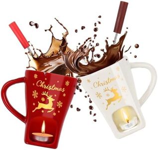 HANEVEAR 2 Pack Chocolate Fondue Mug, Mini Chocolate Melting Mug with 4 Forks and 4 Tealights, Ceramic Fondue Cup with Festive Holiday Pattern for Cheese, Butter - Birthday, Christmas, Wedding Gift