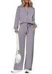 PRETTYGARDEN Women's 2024 Fall 2 Piece Outfit Casual Lapel Sweatshirt Wide Leg Pants Matching Lounge Sets (Grey,Medium)