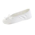 ISOTONER Women's Satin Ballerina Slipper with Bow, Suede Sole, White, Small / 5-6 Regular US