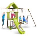 HONEY JOY Swing Sets for Backyard, 7-in-1 Heavy Duty Metal Swingset w/Glider, Slide, Covered Mesh Fort with Canopy, Sandbox, Belt Swing, Climbing Rope, Ladder, Outdoor Playground Swing Set for Kids