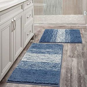 Vaukki Luxury Soft Bathroom Rugs Set of 2, Non Slip Washable Plush Bath Floor Mats, Microfiber Shaggy Absorbent Striped Bath Carpet for Tub, Bathroom and Shower (18''x26''+20''x32'', Blue)