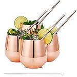 Oak & Steel - 4 Elegant Stainless Steel Stemless Wine Glasses Gift Set, with 4 Reusable Straws and Cleaning Brush, Shatterproof Wine Tumblers for Gin, Cocktails, Party - 350ml (Rose Gold)