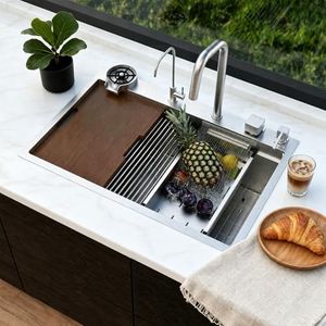 Waterfall Kitchen Sinks 33x22 Square Aesthetics Design, Drop In Kitchen Sink with Faucet Combo, Modern Smart Workstation Stainless Steel Single Bowl Kitchen Sinks, 33"x22"x10" Inch, Brushed Silver