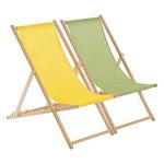 Harbour Housewares 2 Piece Yellow & Lime Green Wooden Deck Chair Traditional FSC Wood Folding Adjustable Garden/Beach Sun Lounger Recliner