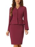 Allegra K Business 2 Piece Suit Set for Women's Long Sleeve Collarless Peplum Blazer Pencil Skirts Dark Red L