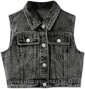 SweatyRocks Girl's Denim Vest Button Down Sleeveless Jean Jacket Outerwear with Pockets Black 9Y