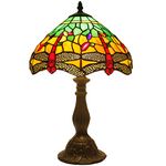 WERFACTORY Tiffany Table Lamp Green Yellow Stained Glass Dragonfly Style Bedside Lamp Reading Desk Light 12X12X18 Inches Decor Bedroom Living Room Home Office S009G Series