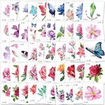 Konsait 50Sheet Flower Temporary Tattoos for Women Teens Girls, Tiny Temporary Tattoo Adult Waterproof Body Art Sticker Hand Neck Wrist, include Flower Butterfly Leaf Lotus Cherry Blossoms Tattoo