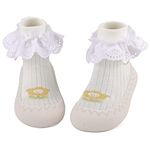 LACOFIA Baby Sock Shoes Baby Girls First Walking Shoes Infant Toddler Sock Slipper with Anti-Slip Rubber Sole White Lace 6-12 Months