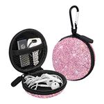 SAVORI Earphone Case Earbuds Small Carrying Cases Bling Rhinestone Crystal Portable Headphone Organizer Storage Pouch Bag with Carabiner 1 Pack (Pink)