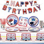 Hockey Party Supplies - Ice Hockey Birthday Party Set Including Plates, Cups, Napkins, Tablecloth, Banner for Kid's Hockey Fans Birthday Gameday - Serve 20