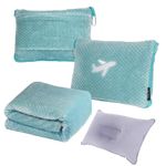 Nenolix 3 in 1 Travel Blanket Pillow Set - 350 GSM Thick Travel Blanket Airplane Compact with Bag, Soft Bag with a Pocket, Inflatable Travel Pillow for Camping & Car Trip(Mint Green)