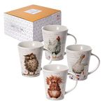 SPOTTED DOG GIFT COMPANY Mug Set of 4 Animal Coffee Mugs with Owl Squirrel Chicken and Goose Design, Ceramic Porcelain China Tea Coffee Cups, Gifts for Animal Lovers with Gift Box, 360ml