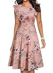 YATHON Women's Vintage Ruffle Floral Flared A Line Swing Casual Cocktail Party Dresses (M, YT001-Pink Floral 01)