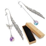 2 Pcs Metal Feather Bookmarks, VEGCOO Creative Vintage Bookmark with 3D Butterfly and Dry Flower Pendant, Classical Handmade Bookmarks for Women Men Boys Girls Students Readers (Purple + Blue)