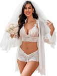 Avidlove Womens Sexy Lingerie Set 3 Piece Lace Kimono Robe with Bra and Panty Sheer Sleepwear White