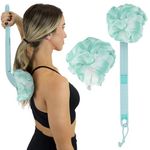 Vive Long Handled Loofah on a Stick - Mesh Back Sponge for Bath, Reusable w/Extra Pouf - Exfoliating Scrubber for Elderly & Disabled, Soft Loofa for Bathing Men & Women