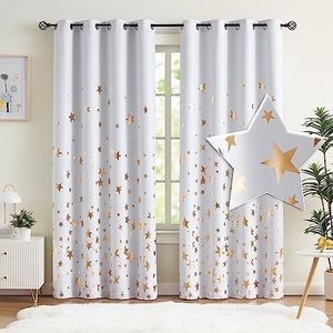 White Gold Star Blackout Curtains for Bedroom, 100% True Blackout Curtain Panels for Kids Boys Girls Room Thermal Insulated Metallic Star Printed Curtains for Nursery Grommets Top 50x84 2 Panels