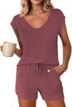 Ekouaer Pajama Sets for Women 2 Piece Comfy Short Sleeve Sleepwear Tops and Shorts Cute Pjs Lounge Set,Wine,Large