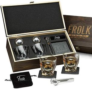 Whiskey Stones Gift Set for Men - 2 King-Sized Chilling Stainless-Steel Whiskey Balls - 2 XL Whiskey Glasses, Slate Stone Coasters, Freezer Pouch & Tongs - Luxury Set in Unique Pine Wood Box