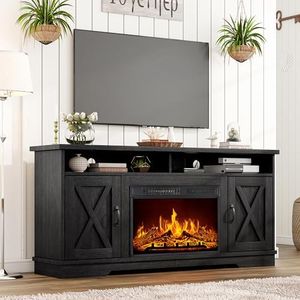AMERLIFE 63" Farmhouse TV Stand with 26" Fireplace, for TVs up to 73", Entertainment Center with Adjustable Shelf & Barn Doors, TV Console Cabinet for Living Room, Antique Black & Oak