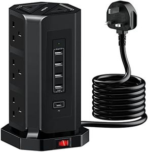 Extension Lead Tower with USB Slots, NVEESHOX 9 Way Plug Extension and 5 USB Ports (1 USB-C /18W Fast Charging), Multi-Plug Surge Protector Power Extension Tower 2M Extension Cord for Phones, Laptop