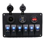 BlueFire Waterproof 6 Gang LED Rocker Switch Panel with Digital Voltmeter, 12V Cigarette Socket, Dual USB Charger Adapter for RV Car Boat Marine