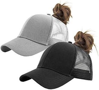 IZUS Solid Ponytail Hat Baseball Cap Cotton Mesh High Bun Pony Cap Women 56-58cm (22"-23"), Black_and_Grey_2pcs, Medium