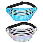 Firtink 2 Pack Shiny Bumbag, Holographic Waist BagFanny Pack Double Zipper Belt Bag Festival Rave Bumbags Waterproof Hip Pouch for Ladies Women Ladies Girls Travel Party Sports Running Hiking(Blue)