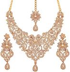 Touchstone Indian jewelry sets for women bollywood gold wedding bridal necklace desi earrings formal fancy rhinestone india designer jewellery punjabi white kundan tikka set in antique gold tone.