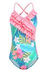 Big Girls Floral One Piece Bathing Suit Hawaiian Ruffle Swimsuits Kids Swimwear Blue Size 10