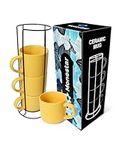 Monestar Coffee Mugs Set Of 4 With Metal Stand, Large Coffee Cup, Stackable With Holder, Classic Ceramic Mug Of 16 oz With Rack For Expresso, Capuccino, Milk, Cocoa... (Yellow Black speckles)