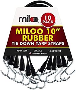 Rubber Bungee Cords with Hooks Made in USA 10 Pack 10" Long EPDM Rubber Tie Down Straps Heavy Duty Outdoor with Crimped Metal Hooks, Tarp Straps for Flatbed Trailers, Cargo Control, Tarps and more