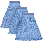 MATTHEW CLEANING Heavy Duty Mop Head Commercial Replacement for General and Floor Cleaning , Wet Industrial Blue Cotton Looped End String Head Refill (Pack of 3) Blue