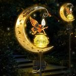 Solar Lights Outdoor Garden Ornaments, Solar Powered Fairy Moon Lamp Waterproof, Vintage Metal Moon Star Crackle Glass Ball LED Stake Lights Decorative for Balcony Lawn Patio Pathway Grave