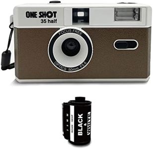 1 Shot Point and Shoot 35mm Film Camera, Reusable Retro Half Frame Camera, Built in Flash, Included One Roll ASA/ISO 400 Black & White Film 18 Exp., (36 Shots) Battery Not Included (Brown Color)