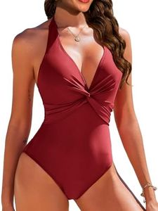AI'MAGE Femme Maillot de Bain Une Pièce Col en V Profond Bretelles Spaghetti Réglables Froncé Devant Bas du Dos, Vin Rouge, S