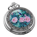 VIGOROSO Quartz Beautiful Peony Bird Enamel Painting Steampunk Silver Pendant Pocket Watch Gift Box