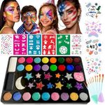 Face Painting Kit, Oil Based Body Paint Waterproof Sweatproof Non-Toxic Facepaint Palette with Brush, Stencil, Sponge, Gem, for Party Halloween 4th of July World Cup (40 Colors Kit)